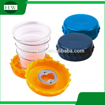 Travel collapsible folding cup Plastic Folded Spring Bottle Opener Cup with pill box folding cup with bottle opener