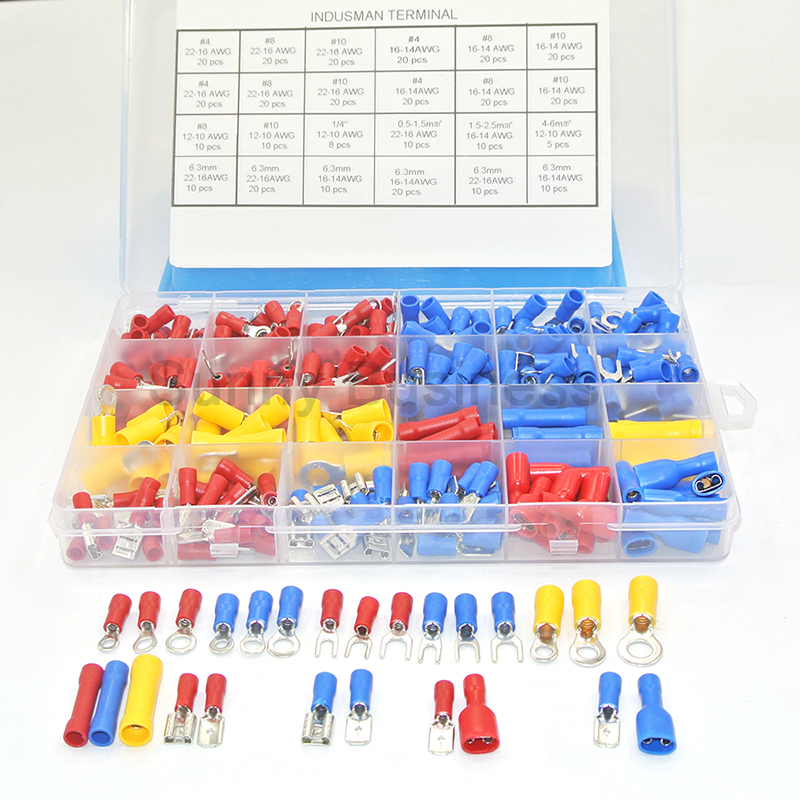 373Pcs 24value Assorted Insulated Electrical Wire Terminals Crimp Connector Spade Butt Ring Fork Set #4 to 1/4"