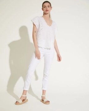 Breathable 55%viscose 45%linen V-neck Short Sleeve Embroidered Top