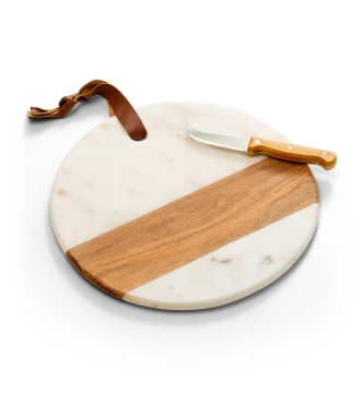 White Marble and Wood Round Charcuterie Board