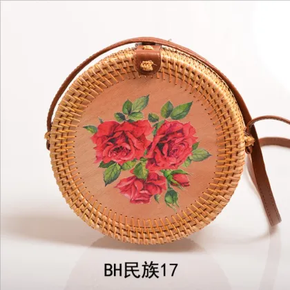 Woven Women's Round PU Leather Strap Bali Straw Embroidery Rattan Bag