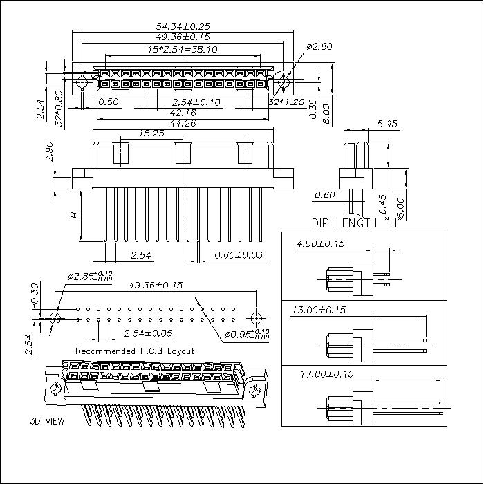 DFS-XX-XXX-208 DIN41612 Vertical Female Type Half B Connectors 32 Position