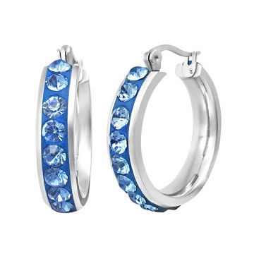 Stainless Steel Crystals Hoop Earrings, White, Blue, Red, Green, Orange Gemstone Colors