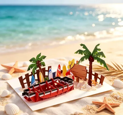 Tropical Beach Boat Vacation Pop Up Card