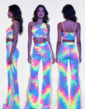Set di pantaloni svasati con frange e canotta corta in rete tie-dye RAVE