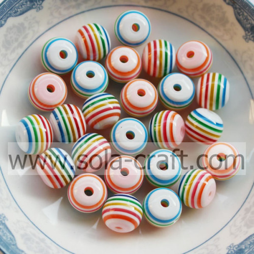 8MM 500 unids / lote nueva moda variada forma redonda cuentas europeas coloridas rayas arcoíris cuentas de resina aptas para hacer joyas