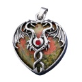 Unaktie Heart Antique Silver Double Dragon Stone Pendant (32x42mm) Keychain