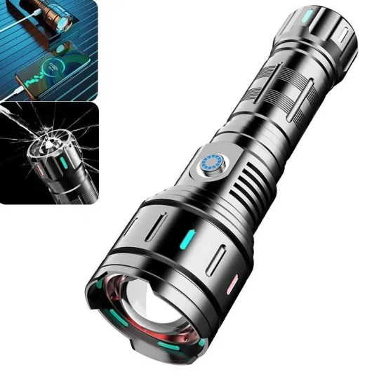 10000Lumen High-Power Metal Flashlight with USB-C Charging and Zoom Functionality