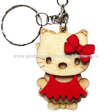 Customized fancy printed wood logo free promotional keychain