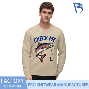 Check Me Trout Sweater Rajut V-Neck Grafis