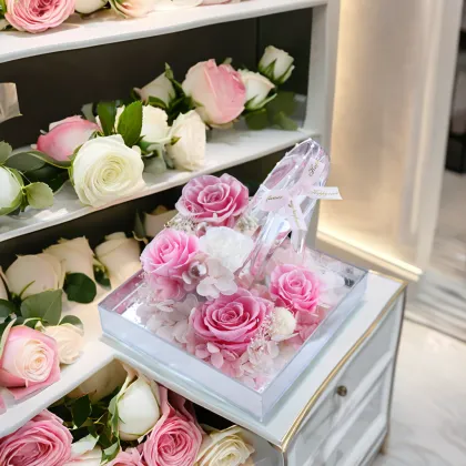Eternal Rose in Cinderella Crystal Shoes: Preserved Flower Gifts for Weddings and Valentine's Day