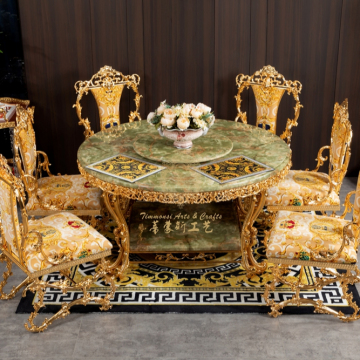 Luxury Palace Design Wedding Hotel Family Dining Table with Golden Copper Frame and Round Marble Top