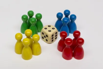 Set of pawns and dice, game components, game bits, game pieces