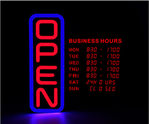 Vertical LED Open Closed Sign with digital business hours
