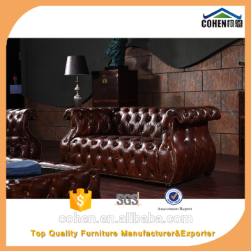 Antique style high end living room tufted button vintage genuine brown cow leather sofa set with nailheads
