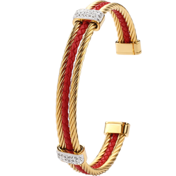 2024 Fashion Steel Wire Leather Cuff Bracelets with Crystals 18K Plated Jewelry for Women
