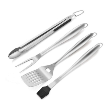 BBQ Grill Tools Set: Stainless Steel Grill Spatula, Fork, Basting Brush, and Tongs