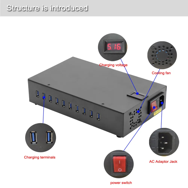 The structure of the 10-port USB charging station is introduced The structure of the 10-port USB charging station is introduced