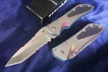 satin finish blade combo edge pocket knife w,rainbow finish edge metal handle