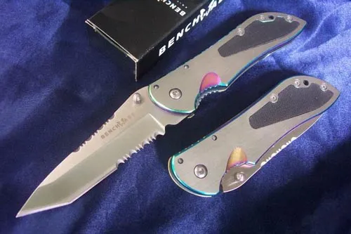 satin finish blade combo edge pocket knife w,rainbow finish edge metal handle