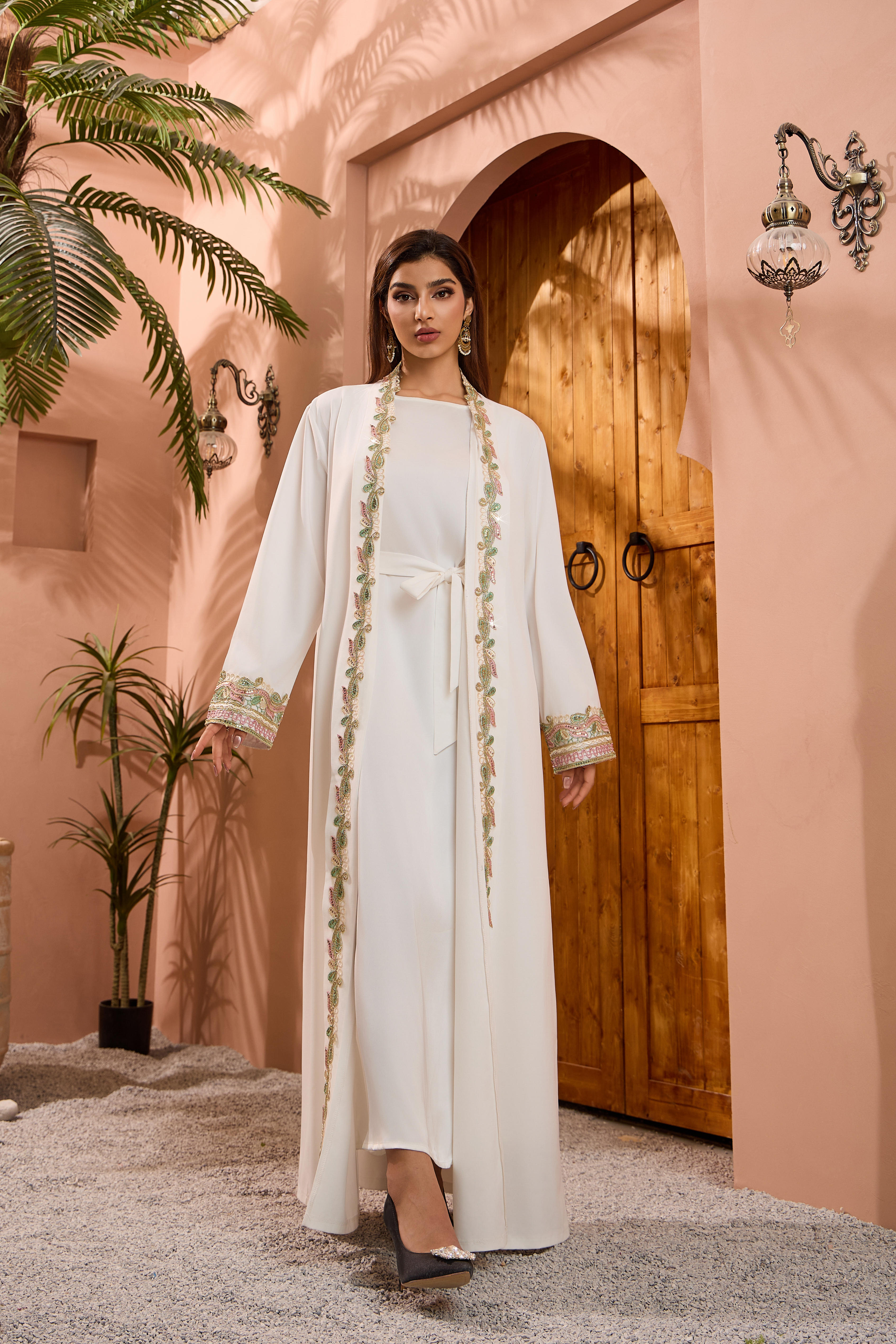 white floral trim belted open abaya model styling view 05