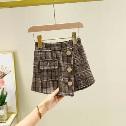 Baby Girl Shorts Spring Autumn Girls Plaid Woolen Skirt Shorts Fashion Kids Shorts Skirts 4-14 Years Baby Girl Clothes