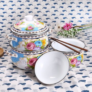 18-22cm 3PCS White Color Full Printing Flowers Bakelite Top Turkey Pot Enamel Casserole Set