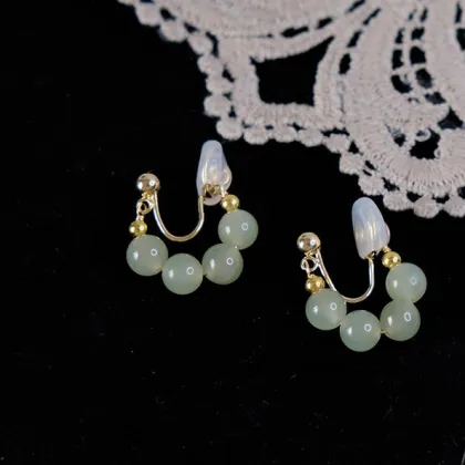 Wholesale Genuine Hetian Green Jade Hoop Earrings in Sterling Silver - Non-Pierced Jewelry for Women