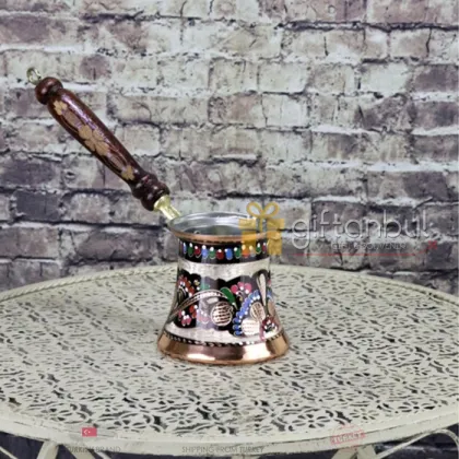 Turkish Copper Coffee Pot Handmade Traditional Design Engraved Wood Handle With Inlays Ottoman Arabic Coffee Espresso Pots
