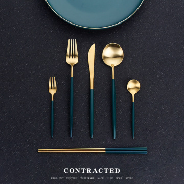 Gold Green Spoon Fork Knife Set untuk Salad Steak dan Makanan penutup - Set Flatware Metal 304