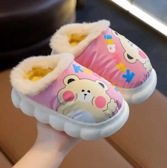 Soft and Stylish: Comfortable, Cute Bear Fur Slippers for Kids in Cotton Material with Elastic Straps and Flip Flop Design