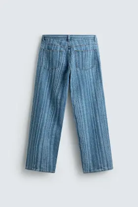 Men Rigid Jeans Vintage Textured Stripped Denim Pants