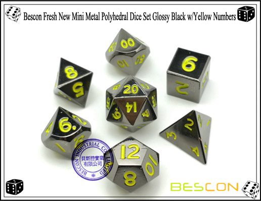 Bescon Fresh New Mini Metal Polyhedral Dice Set Glossy Black with Yellow Numbers-4