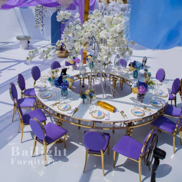 Bailight Luxury Golden Stainless Steel Frame Glass Top Half Moon Round Wedding Table