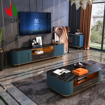 Modern Italian Living Room Furniture Set: Stainless Steel and Marble TV Stand & Coffee Table