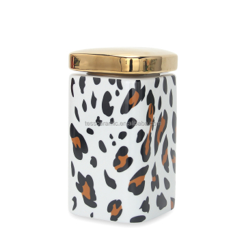 Elegante barattolo di decorazioni in porcellana quadrata leopardata - barattolo di candele in ceramica di lusso con coperchio dorato
