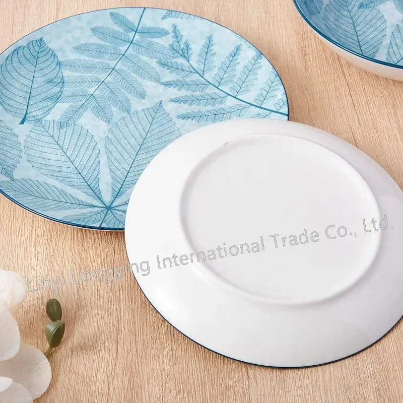 18PCS Eco-Friendly Blue Matte Leaf Pad Print Porcelain Dinner Set