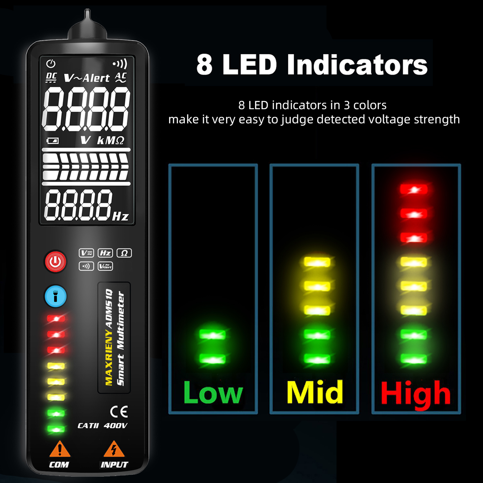 MAXRIENY ADMS1A/ADMS1Q Multimeter Digital 2.4 Inch LCD Display Multimeter 8 LED Indicators 3 Line Display Auto Voltage Tester