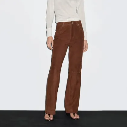 Women's modern style suede leather straight leg pants