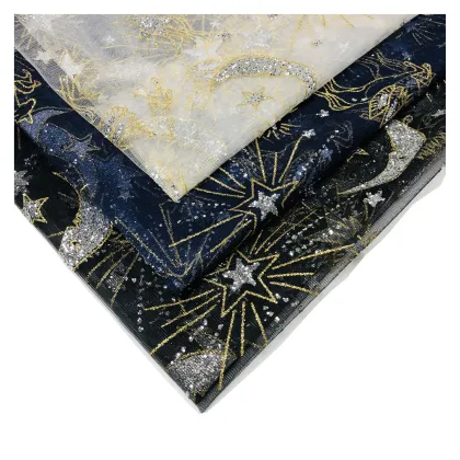 Glitter Lace Pegasus and Star Fabric with Golden Stripes