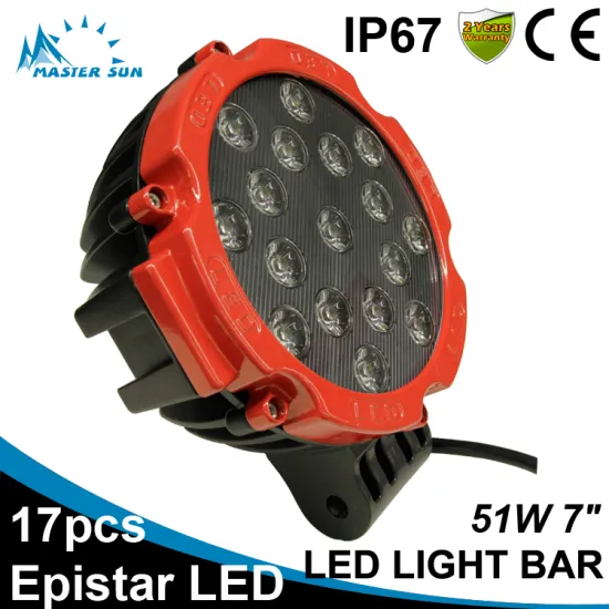 Waterproof Red 7inch 51w led tractor work light car led light bar off road led light bar