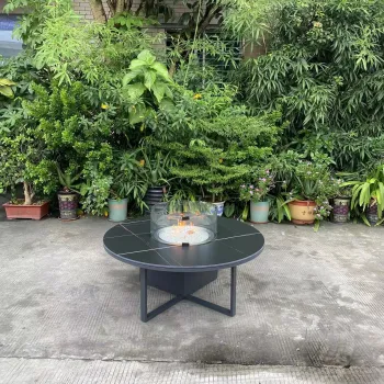 42 Inch 55,000 BTU Black Round Sintered Stone Fire Pit Table with Sofa: The Ultimate Outdoor Entertaining Center