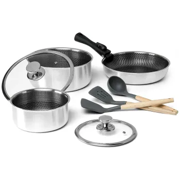 Hot Selling 3Pcs Stainless Steel Honeycomb Cookware Set with Non-Stick Pans and Removable Handles