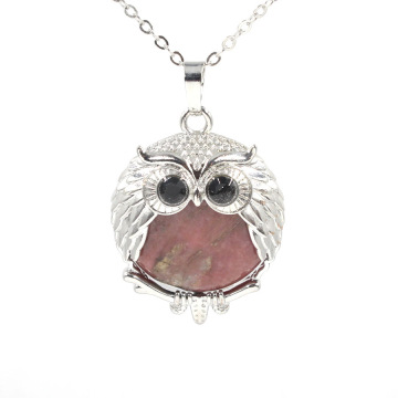 Rhodochrosite 24mm Beads Silver Owl Pendant Necklace Choker Jewelry