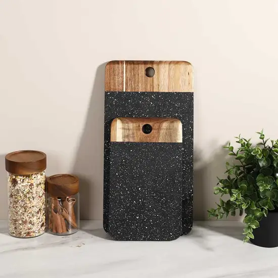 Set of 2 Black Marble & Acacia Wood Cutting Boards for Kitchen Use