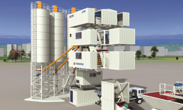 Modular container-design mixing plant with skip loading