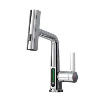 Smart Basin Faucet with Digital Temperature Display, Pull-Out Swivel, and Lift Function