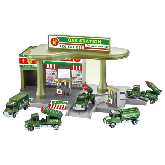 Alloy Diecast Military Vehicle Play Set & Gas Station Toy