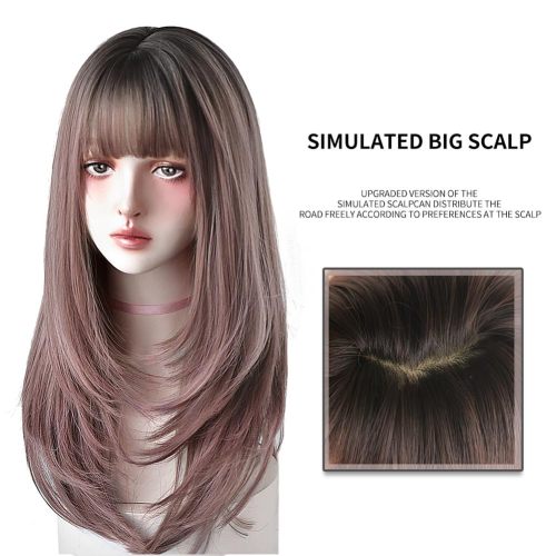 25 Inches Long Straight Wig with Bangs Pink Wig Heat Resistance Women