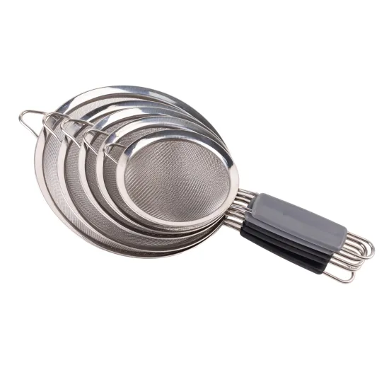 Wholesale Black Handle Stainless Steel Strainer Flour Sieve Kitchen Utensils